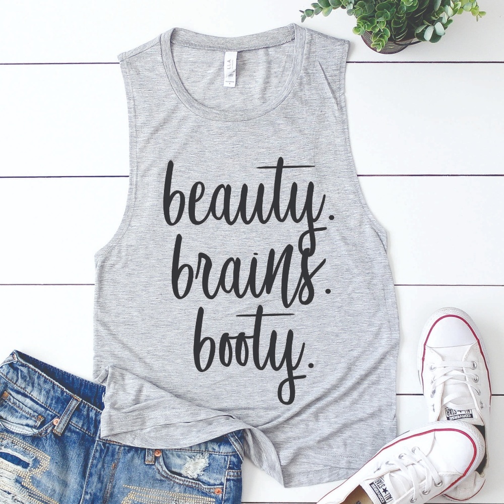 BEAUTY BRAINS BOOTY WORKOUT GYM MUSCLE TANK SHIRT